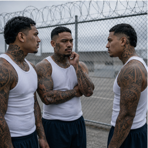 Three people in white singlets standing by a prison fence