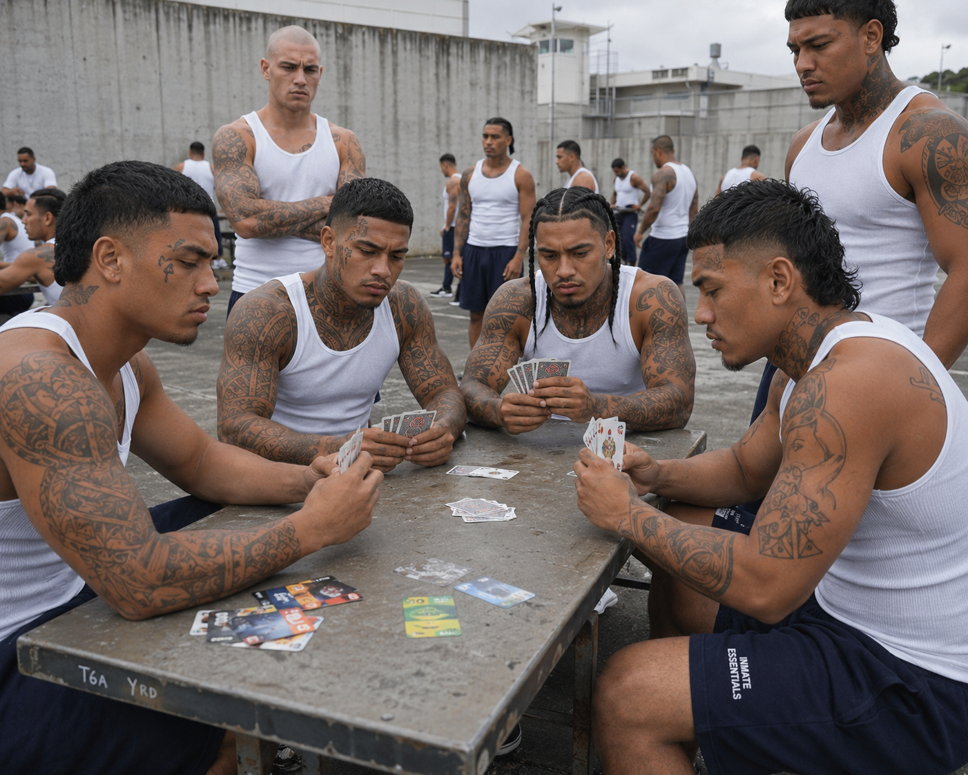 Group of prisoners sharing a table in the yard