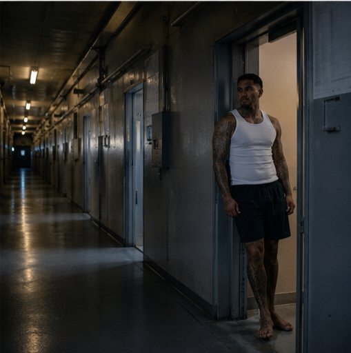 Person in prison singlet standing in a cell doorway