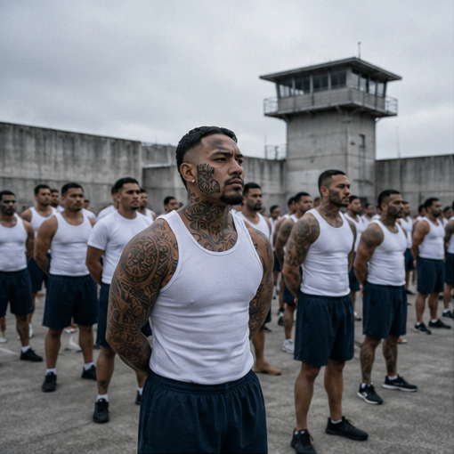 Group of people in white singlets standing in a prison yard